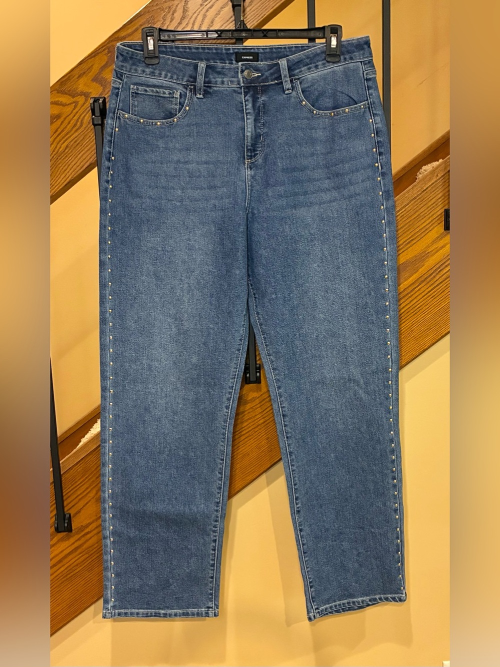 Express Jeans Wide Leg Gold Stud Embellished High Waist Med Wash SZ. 12